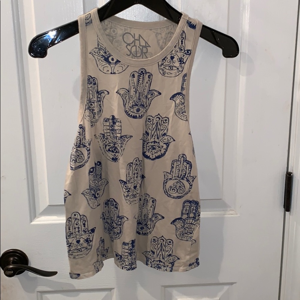 beige and blue racer back tank top